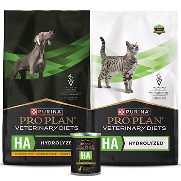 Product display featuring a range of Purina Pro Plan Veterinary Diets Food & Skin Allergy support products for dogs & cats